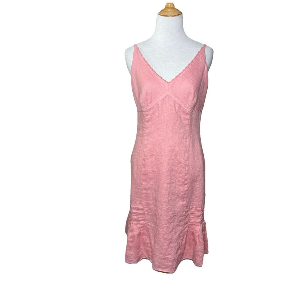 Ann Taylor V Neck Petites Pink 100% Linen Lined Ruffle Dress Side Zipper Size 8P